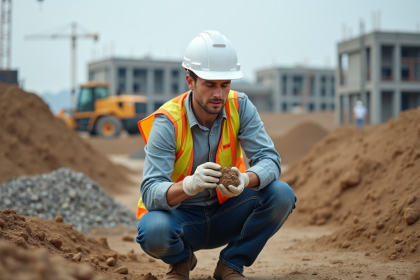 Ingénieur civil examinant un échantillon de sol sur un chantier