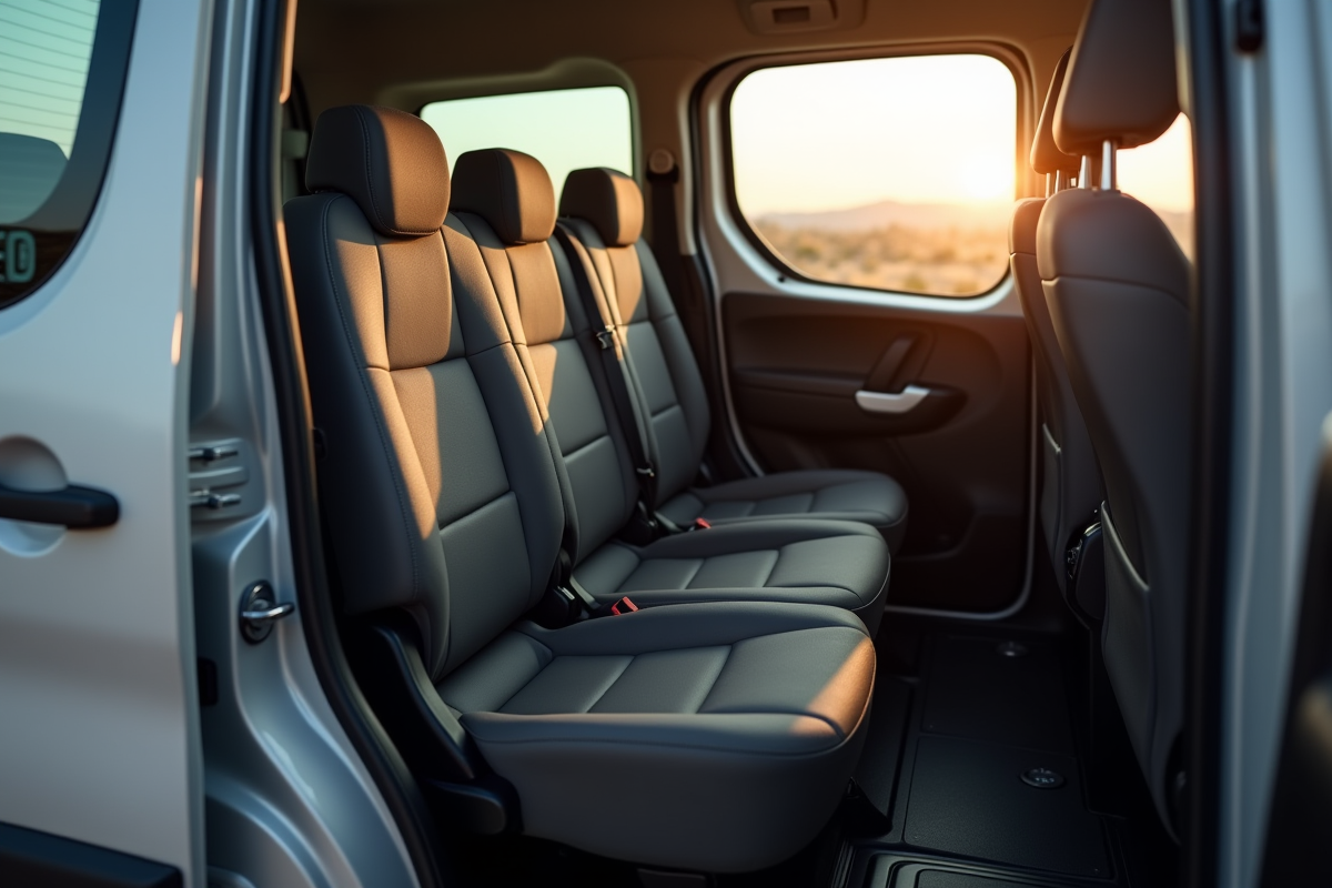 Intérieur d une Peugeot Partner avec sièges confortables et espace
