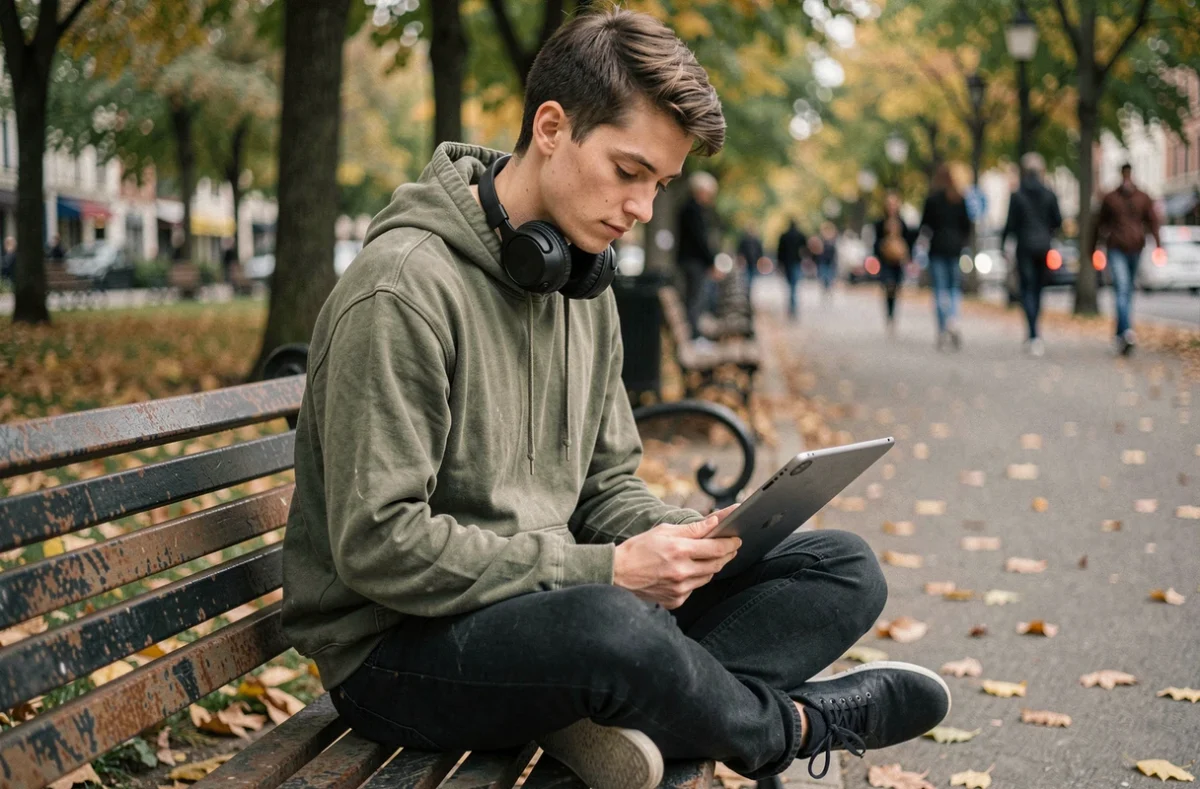 Jeune adulte utilisant une tablette sur un banc de parc en ville, illustrant les dérives de la consommation numérique et l'isolement lié aux usages technologiques