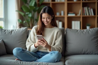 Jeune femme lisant manga sur smartphone dans son salon