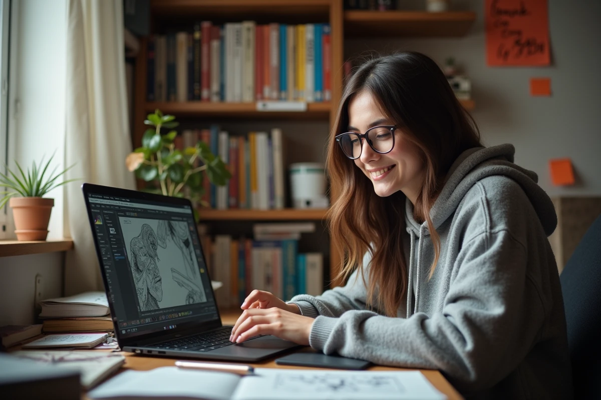 Jeune femme concentrée avec manga et ordinateur dans son bureau