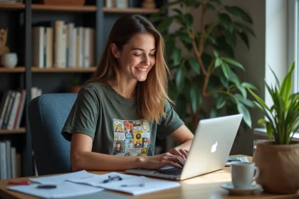 Jeune femme souriante lisant manga sur son ordinateur
