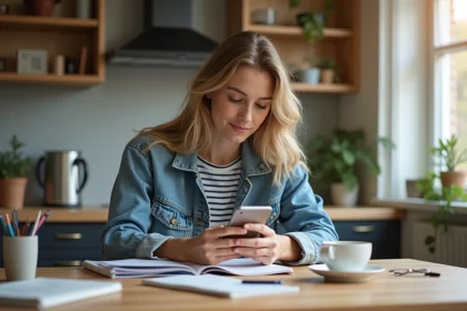 Jeune femme avec smartphone dans une cuisine lumineuse