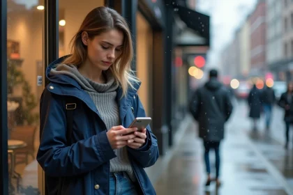 Jeune femme en raincoat regardant son smartphone en ville