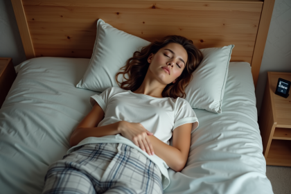 Jeune femme dormant paisiblement dans son lit avec décor chaleureux