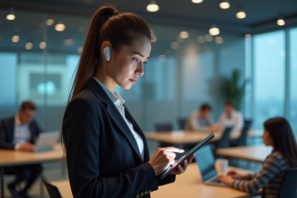 Jeune femme en blazer utilisant une tablette dans un espace coworking moderne