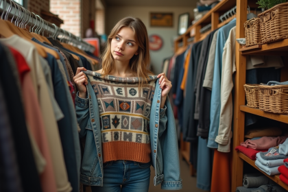 Jeune femme examine un pull dans une friperie colorée