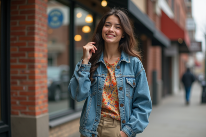 Jeune femme souriante en denim et khaki dans une ville vintage