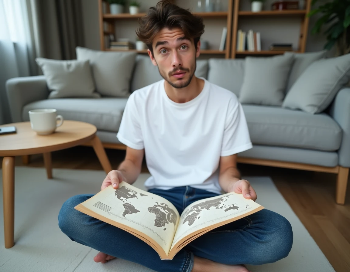 Jeune homme consultatnt un atlas géographique ouvert sur ses genoux, découvrant avec surprise la taille réelle de la Russie comparée aux autres pays du monde