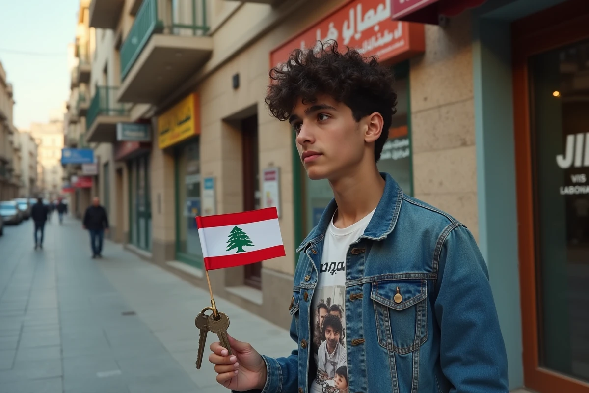 Jeune homme avec drapeau libanais dans une rue urbaine