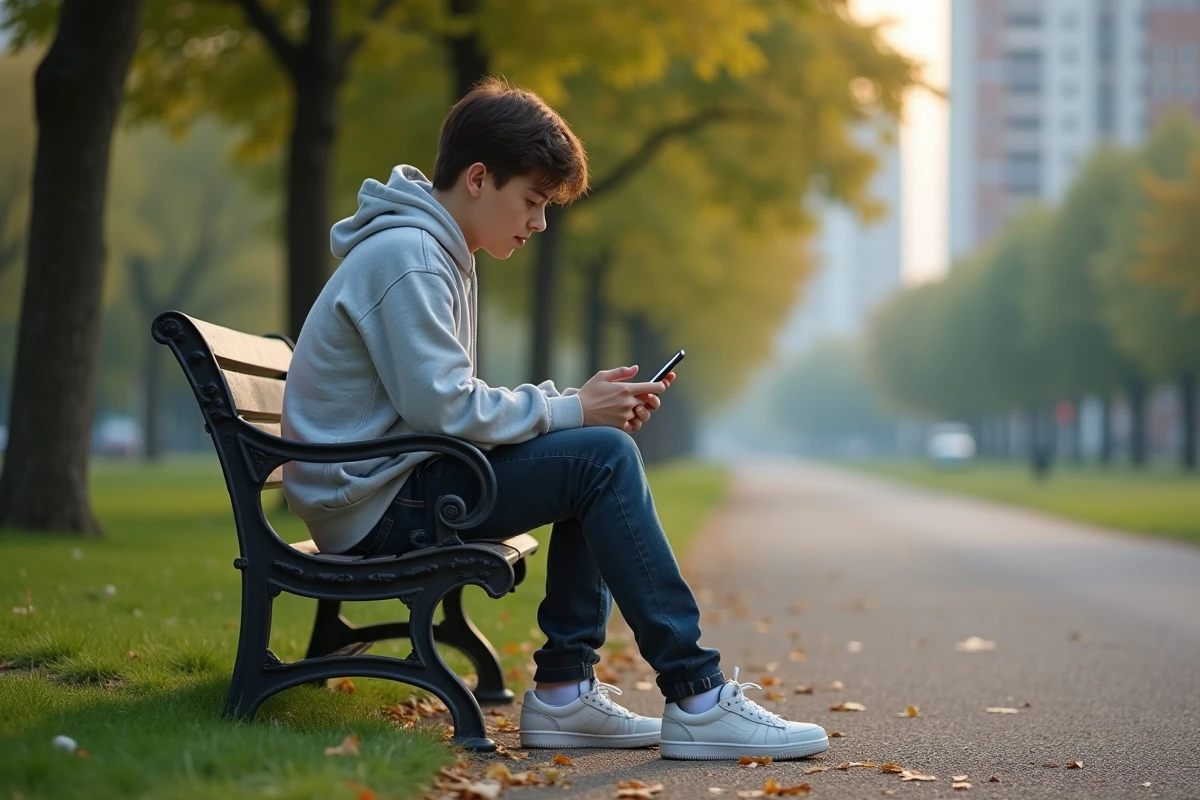 Jeune homme lisant bande dessinée sur un banc dans un parc