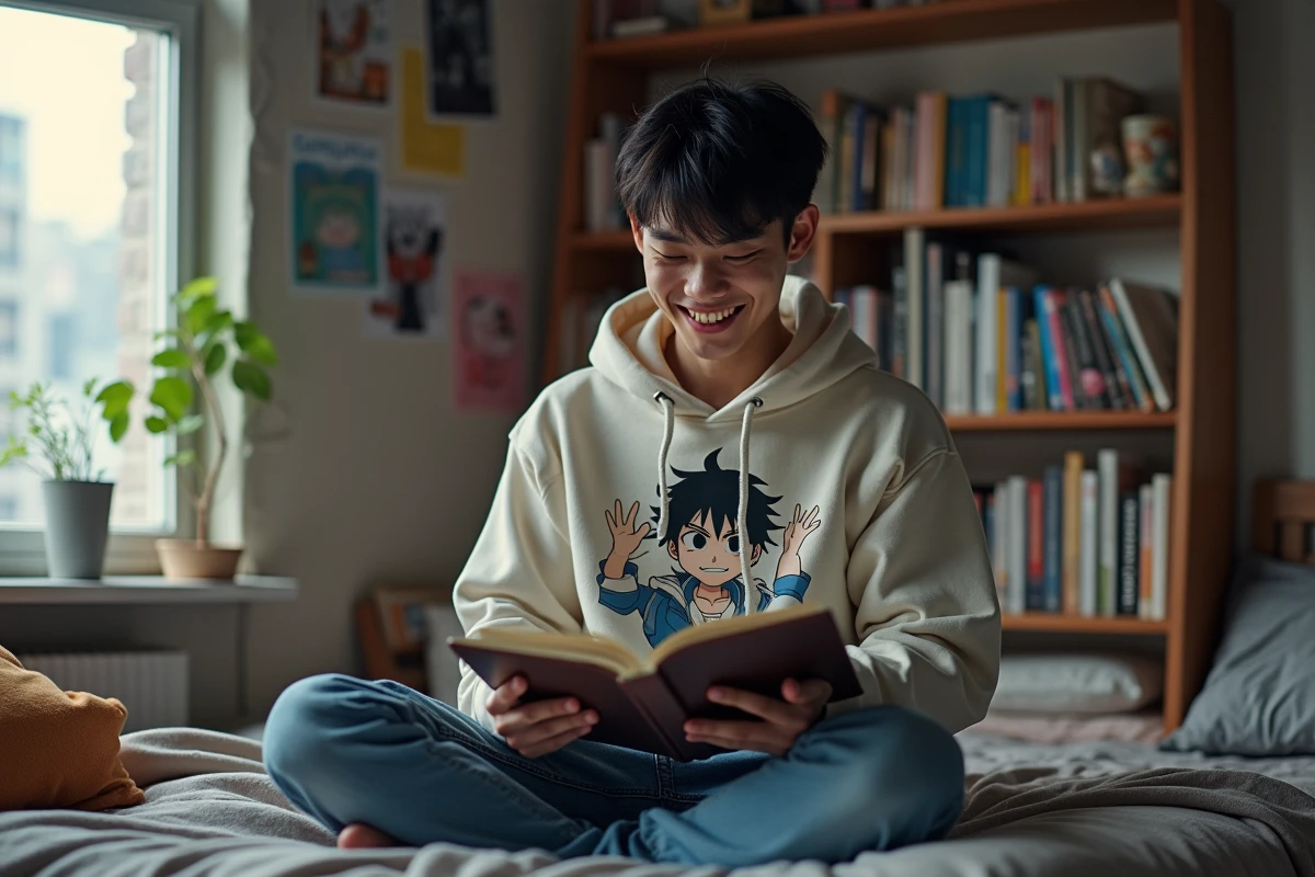 Jeune homme lisant manga sur son lit avec ordinateur