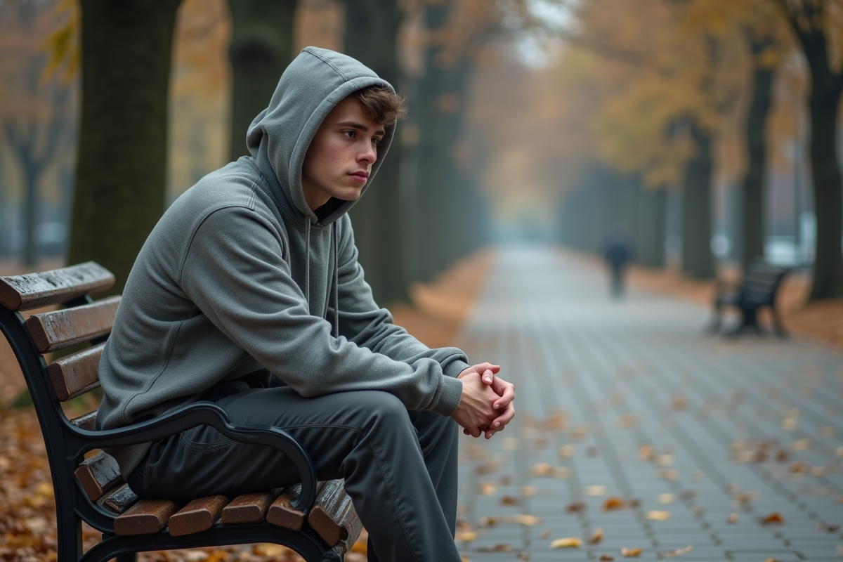 Jeune homme seul sur un banc dans un parc urbain