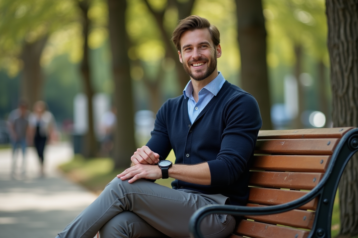 Jeune homme en casual assis dans un parc urbain