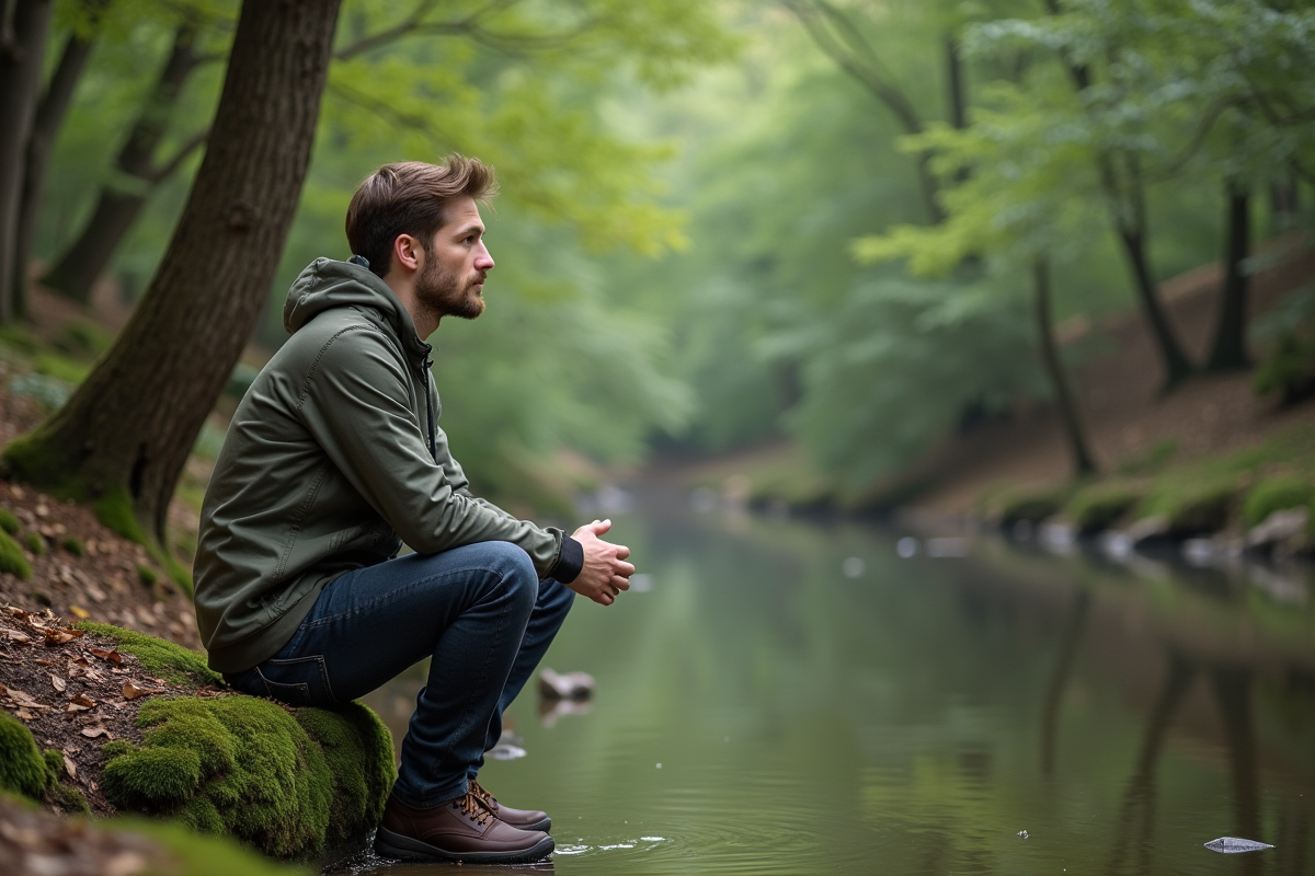Jeune homme assis au bord d’un étang en forêt