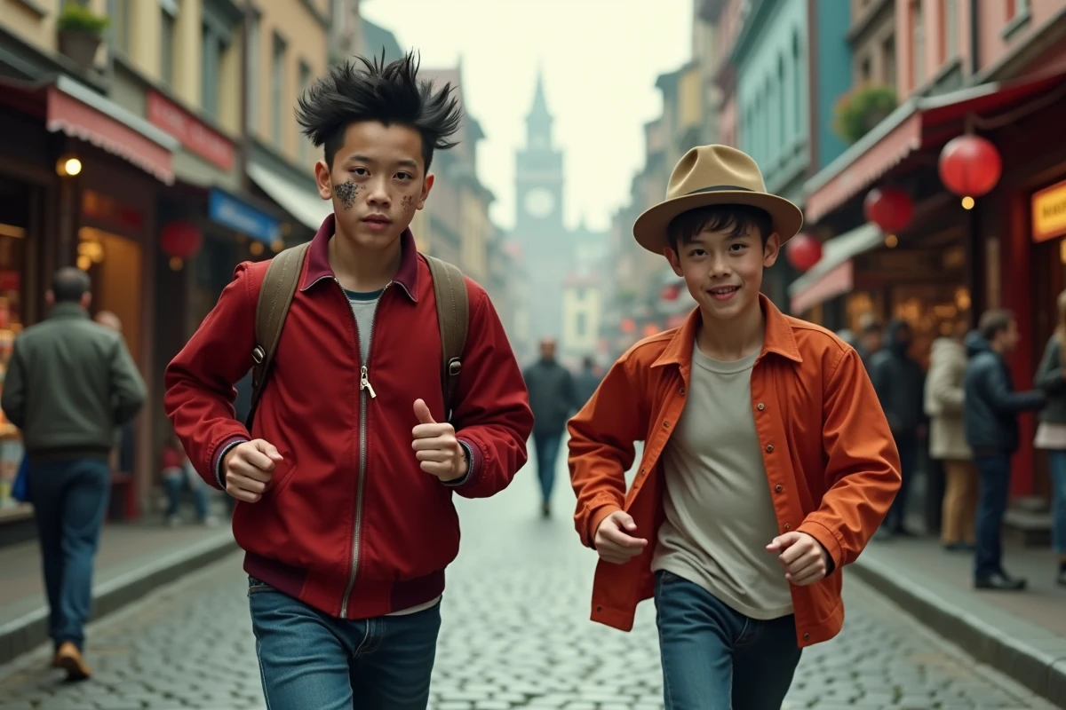 Jeune homme courant dans une rue animée du port