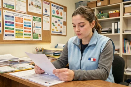 Jeune femme volontaire en service civique révisant des documents dans un bureau associatif