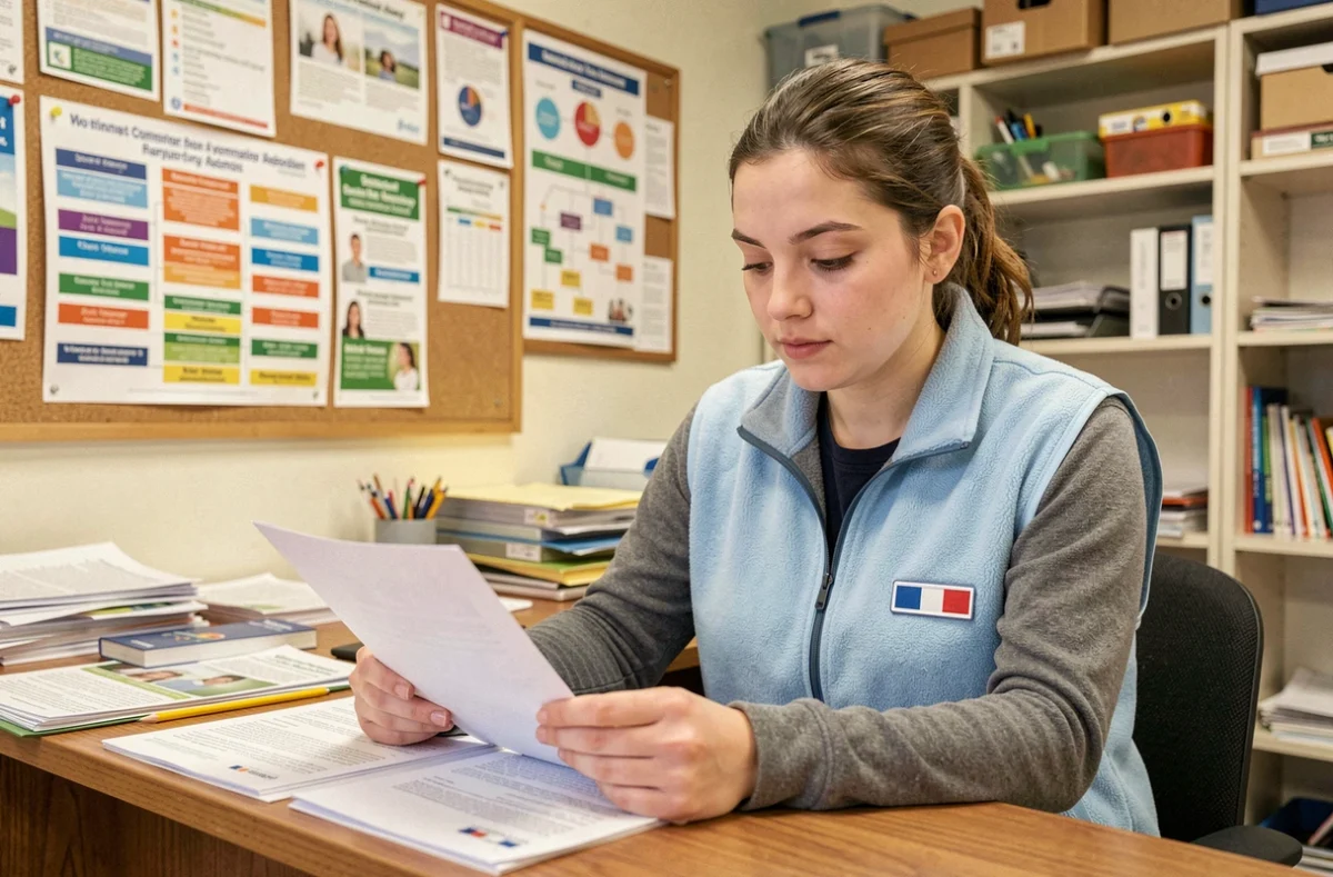 Jeune femme volontaire en service civique révisant des documents dans un bureau associatif