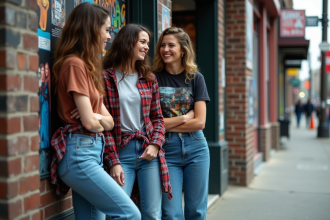 Groupe de jeunes en mode 90s devant un magasin de disques