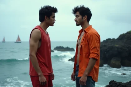 Deux jeunes hommes face à face sur une côte volcanique