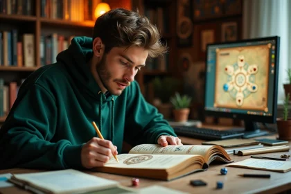 Joueur de jeu de rôle studieux consultant un livre de sorts illustré avec des fiches de personnage et des dés sur un bureau en bois