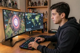 Joueur de MMORPG analysant une carte de portails dimensionnels sur ses écrans de jeu dans un bureau gaming cosy