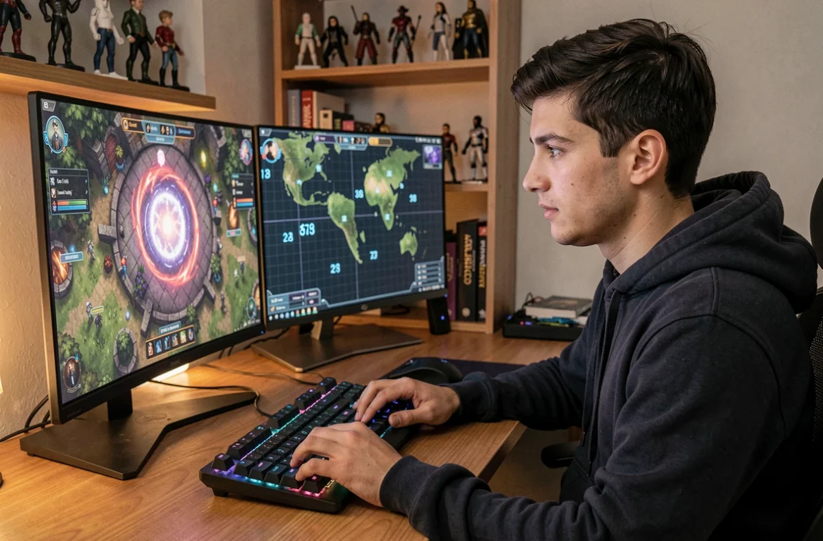 Joueur de MMORPG analysant une carte de portails dimensionnels sur ses écrans de jeu dans un bureau gaming cosy