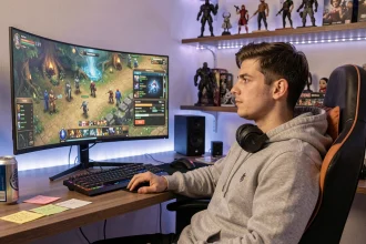 Joueur détendu dans un setup gaming confortable optimisant son personnage sur un MMORPG fantasy