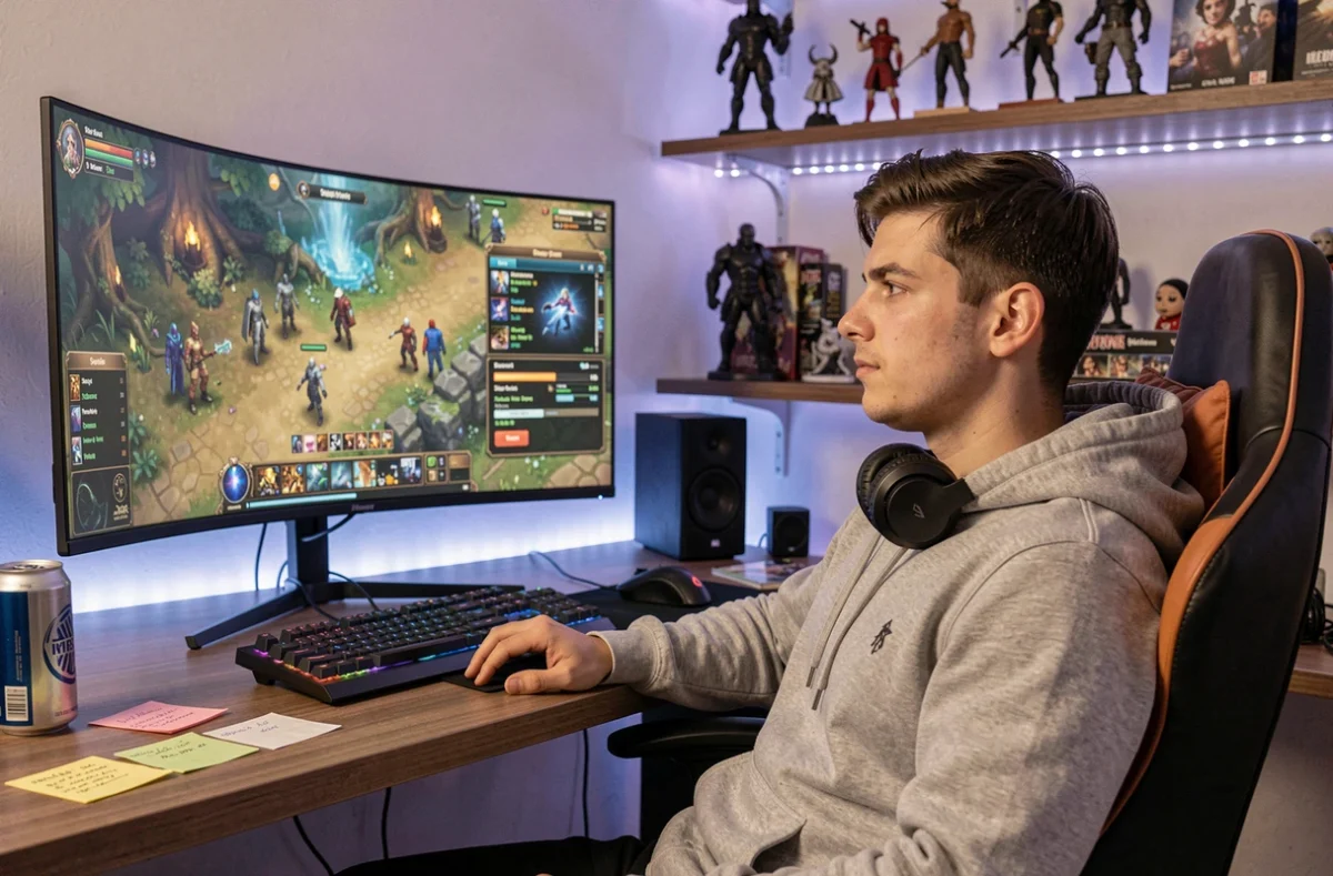 Joueur détendu dans un setup gaming confortable optimisant son personnage sur un MMORPG fantasy