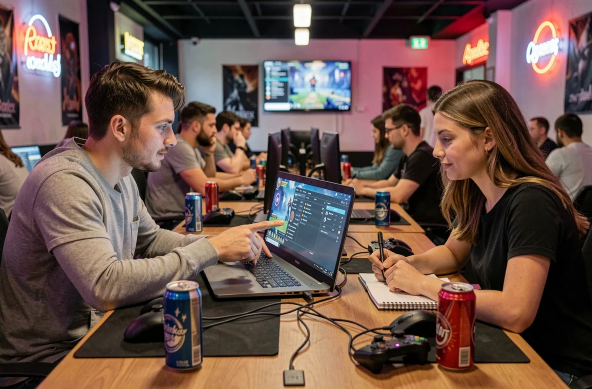 Deux joueurs collaborant sur un outil de coordonnées de portails MMORPG dans un café gaming