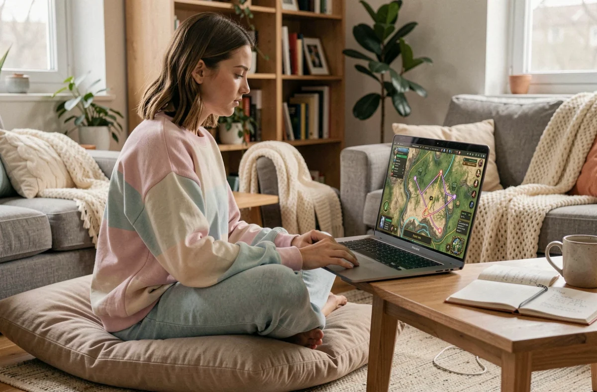 Jeune femme jouant à un MMORPG sur laptop en mode chill dans son salon avec ses notes de farming