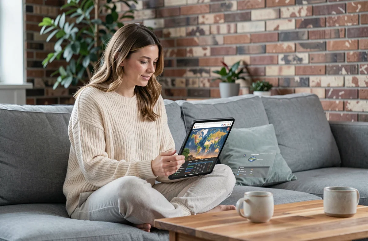 Joueuse consultant un site de suivi de portails de jeu fantastique sur tablette dans un salon moderne
