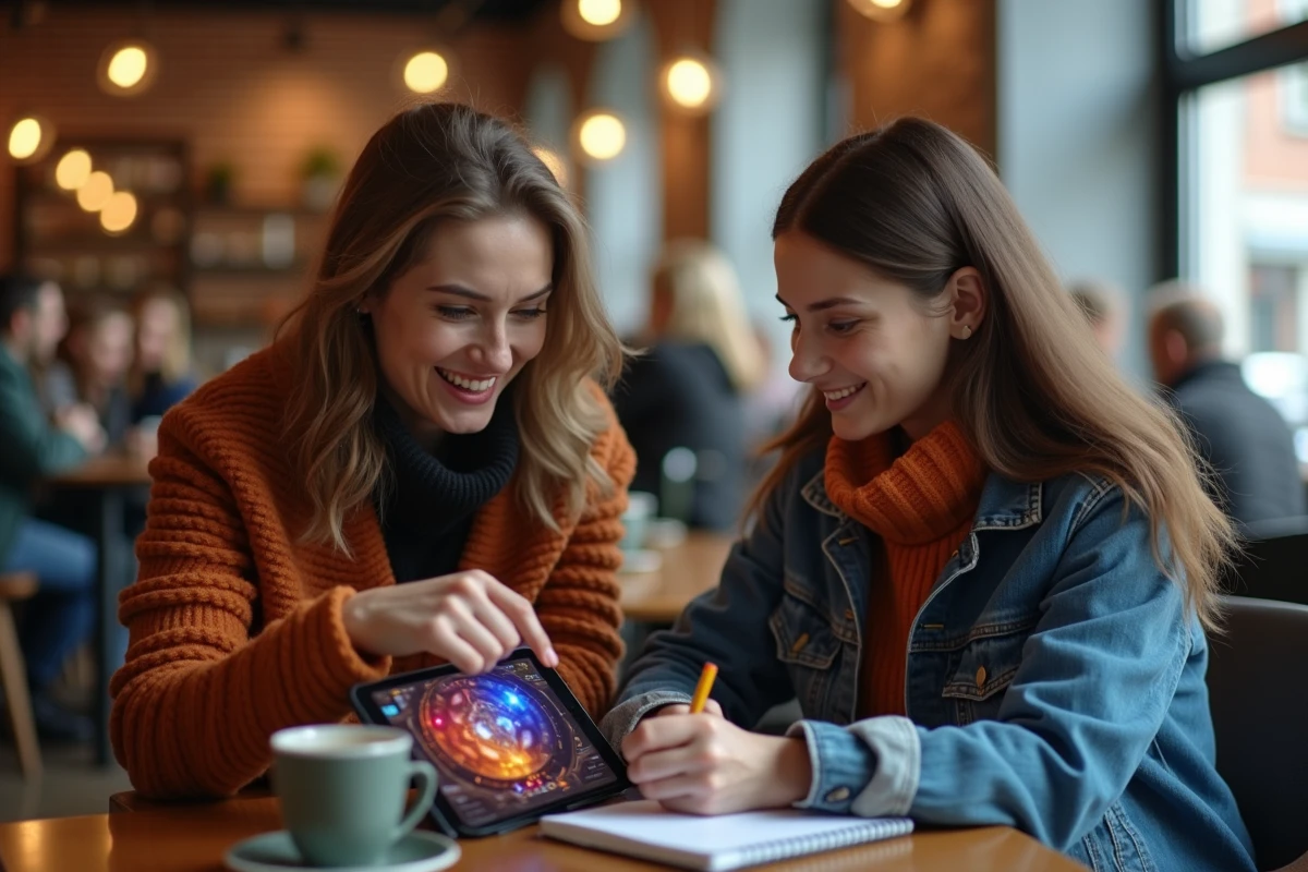 Deux joueuses passionnées analysant des synergies de sorts sur une tablette dans un café chaleureux