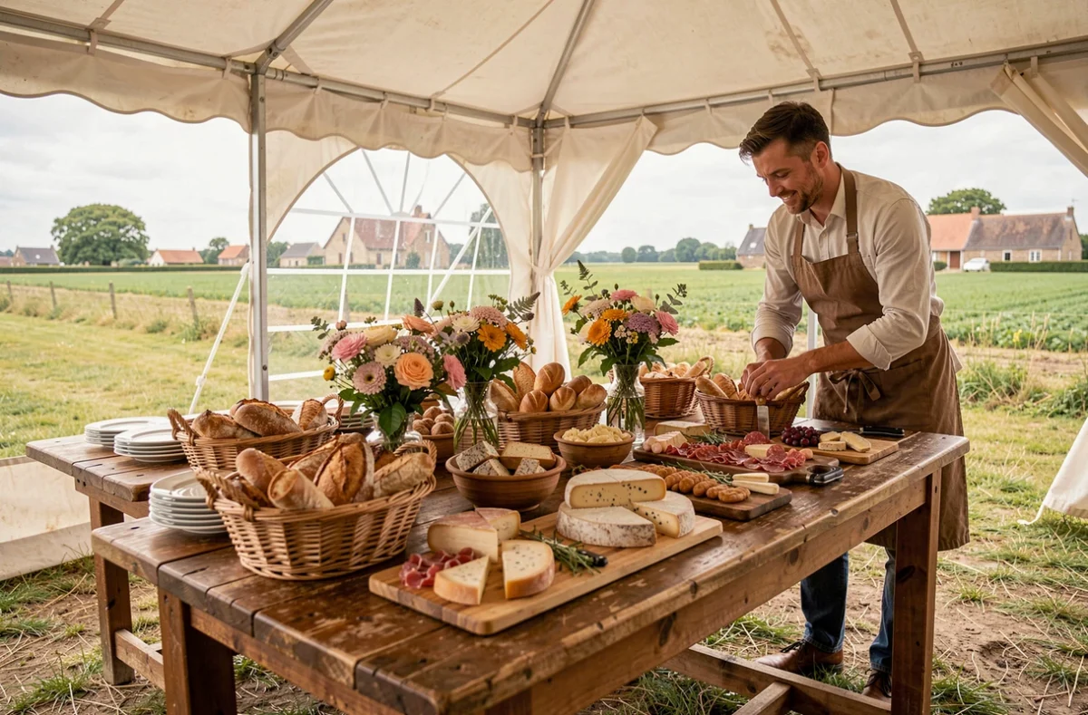 Table de traiteur rustique et raffinée dressée en plein air à Saint-Arnoult avec produits normands et décoration champêtre
