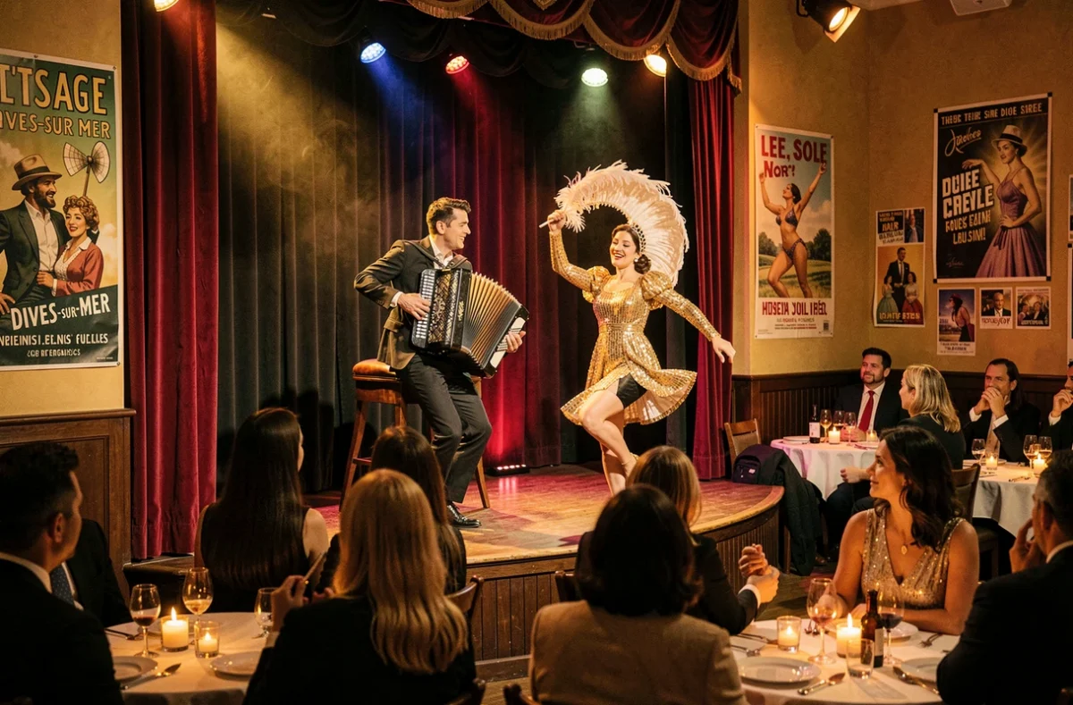 Spectacle de cabaret avec musicien et danseuse en costume pailleté sur scène à Dives-sur-Mer
