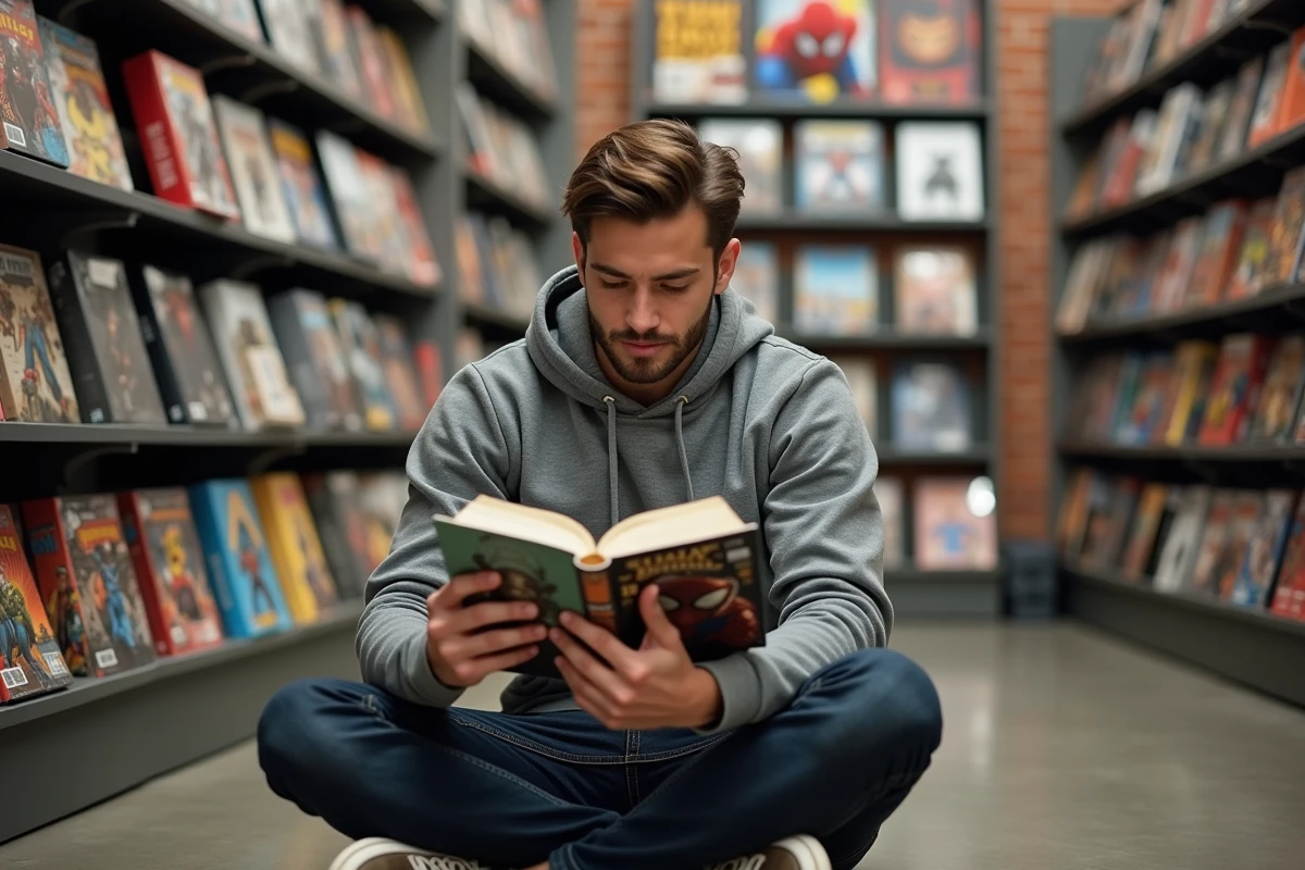 Jeune homme lisant un comics Spider-Man dans une librairie spécialisée en bandes dessinées Marvel