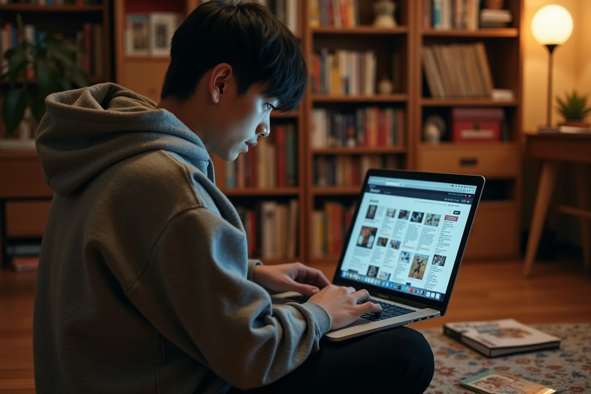 Jeune homme lisant des scans manga sur un ordinateur portable entouré de volumes de manga dans un appartement cosy
