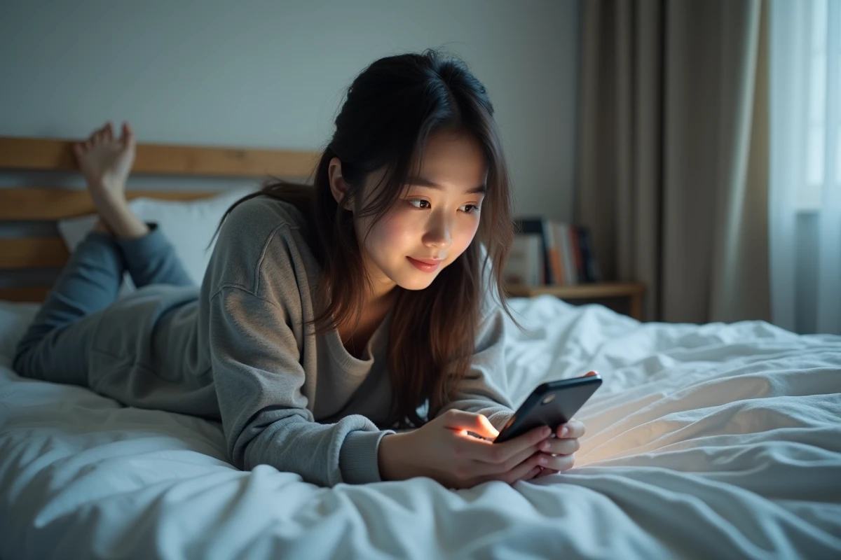 Jeune femme allongée sur son lit en train de lire des scans manga sur smartphone la nuit