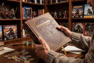 Mains de collectionneur tenant un livre Warhammer édition limitée à couverture dorée sur un bureau en acajou entouré d'objets de collection