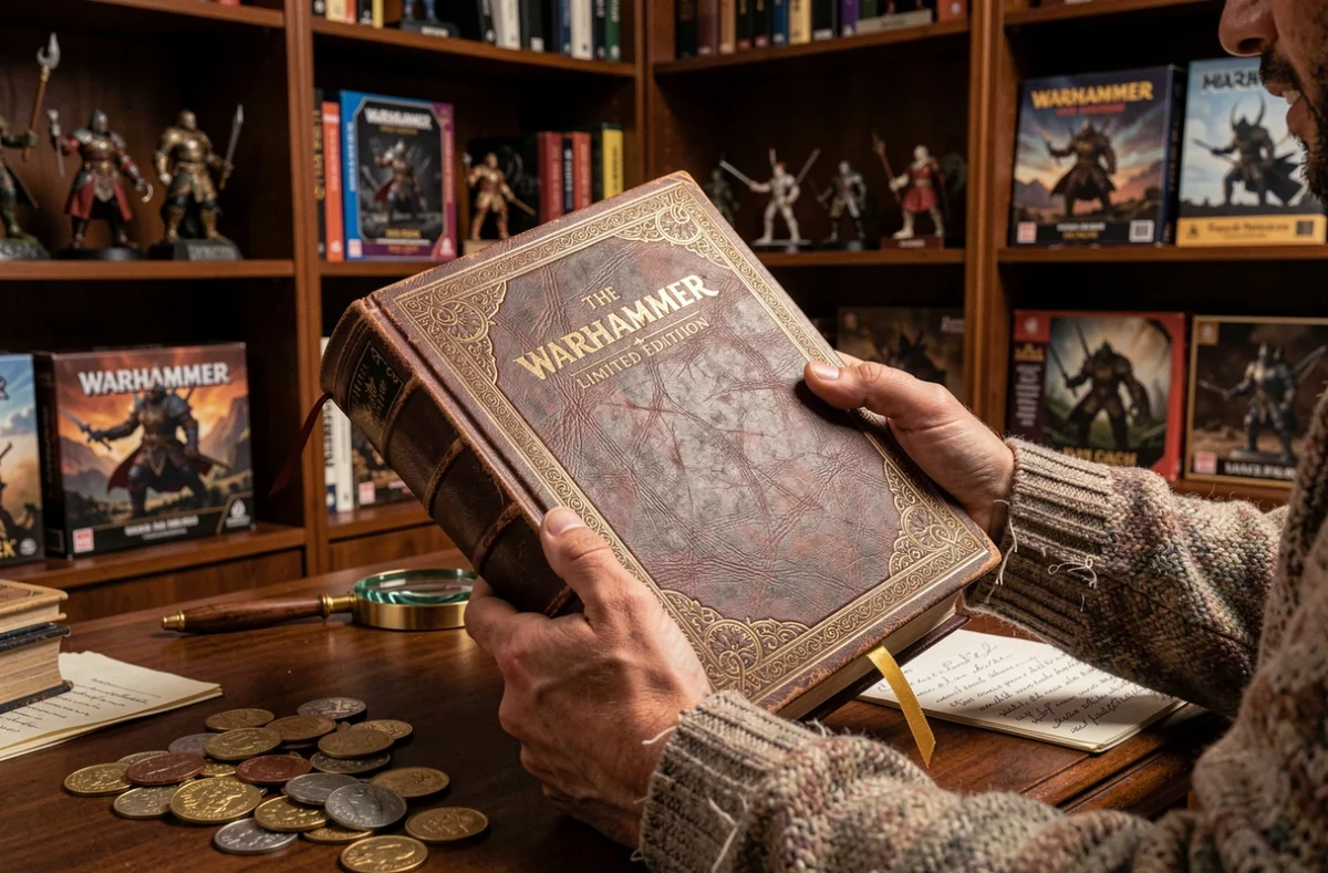 Mains de collectionneur tenant un livre Warhammer édition limitée à couverture dorée sur un bureau en acajou entouré d'objets de collection