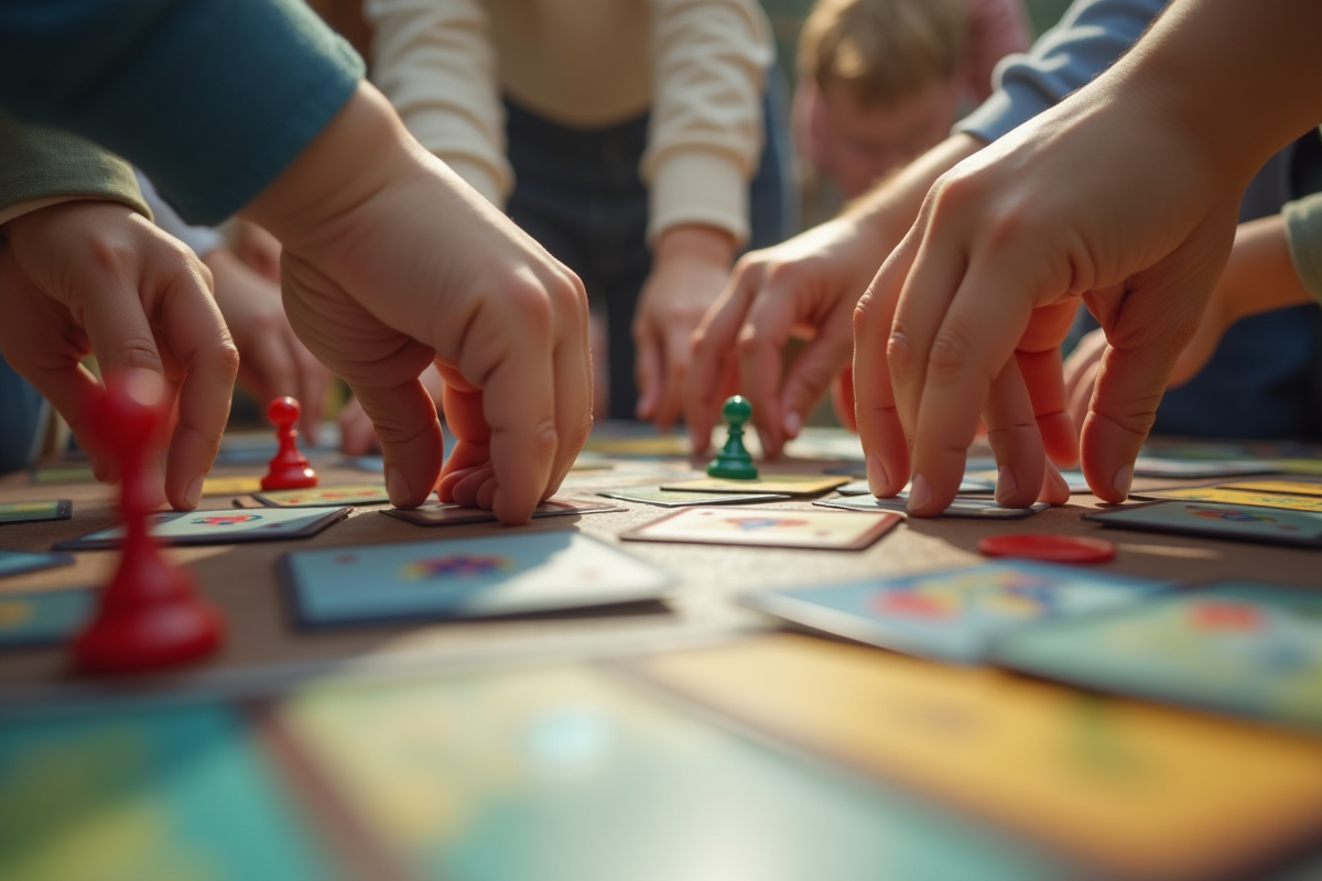 Mains de différentes personnes manipulant des pièces de jeu