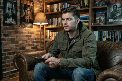 Homme regardant une saga de films d'horreur en marathon week-end dans un salon cinéphile ambiance Resident Evil