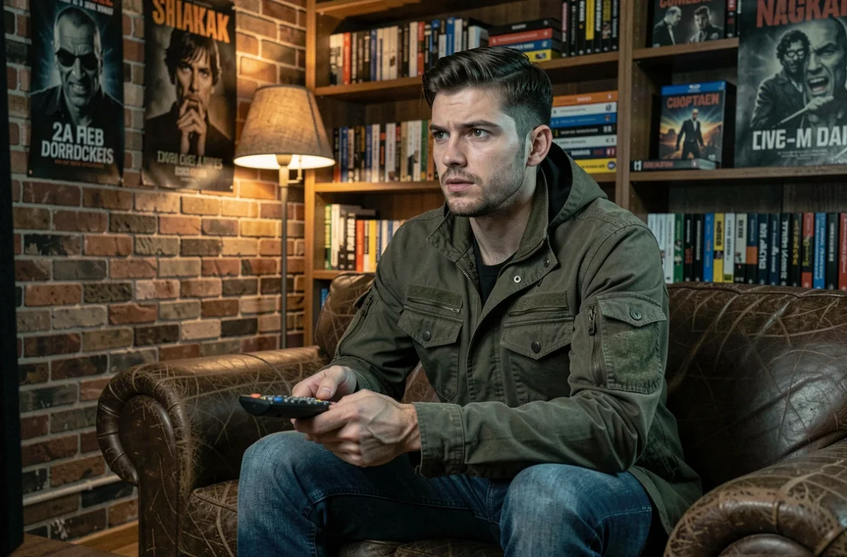 Homme regardant une saga de films d'horreur en marathon week-end dans un salon cinéphile ambiance Resident Evil