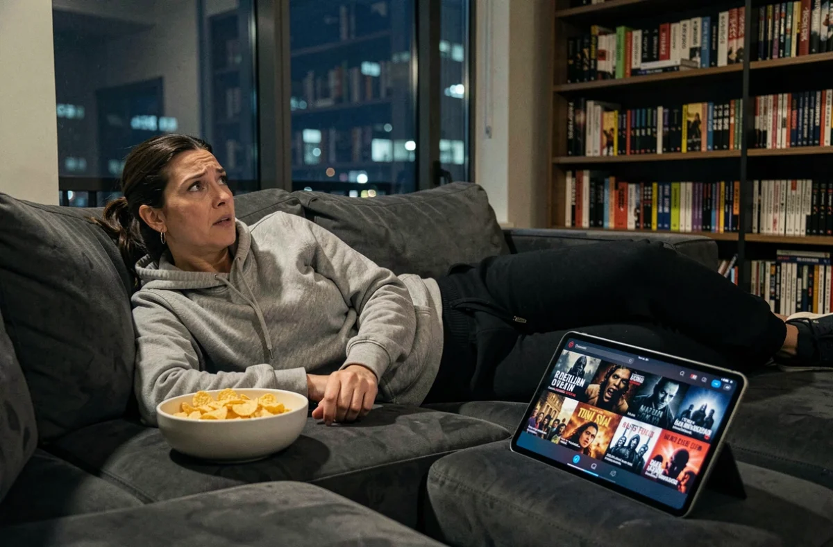 Femme en marathon de films Resident Evil sur canapé dans appartement moderne la nuit avec vue urbaine