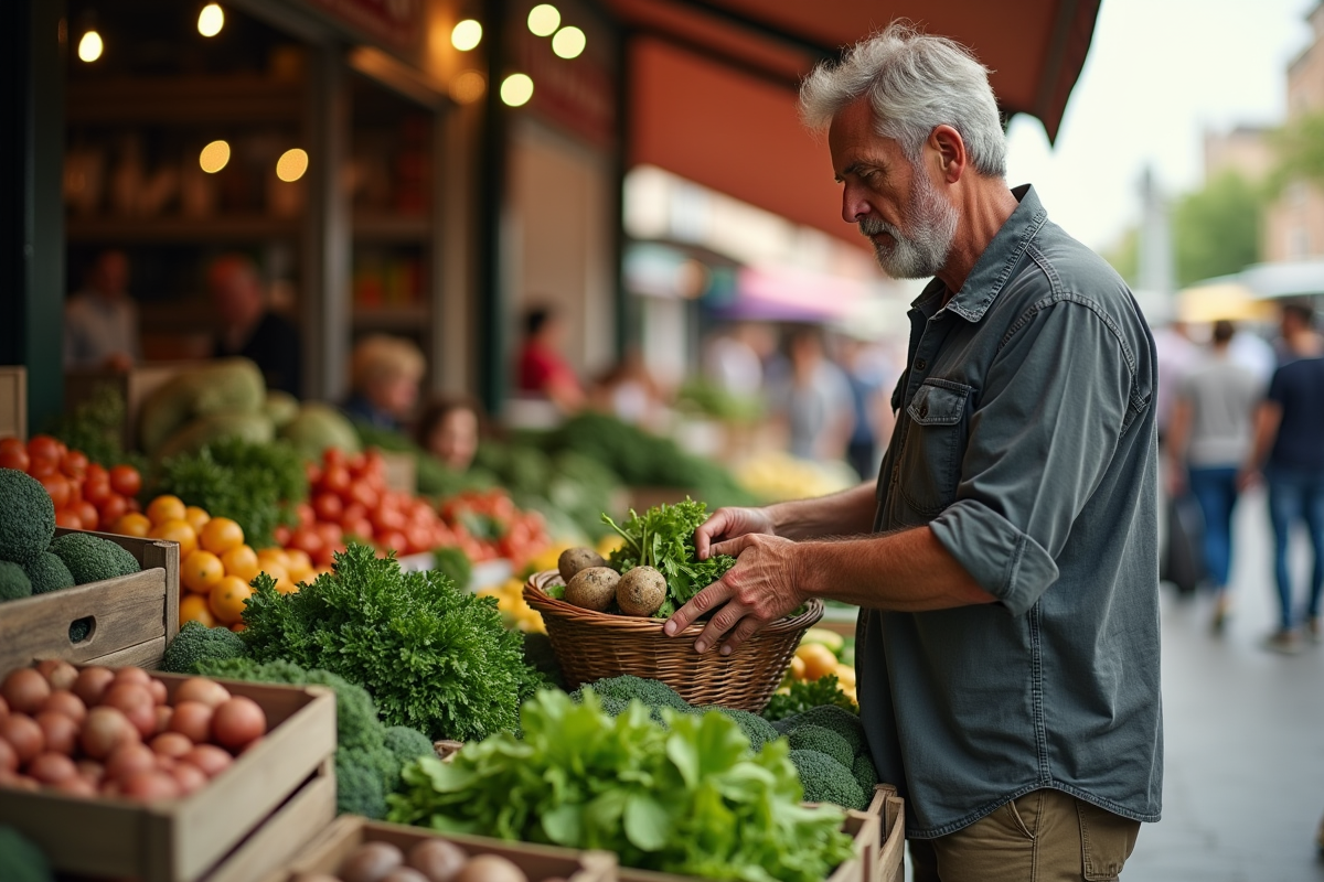 Homme choisissant des légumes dans un marché en plein air