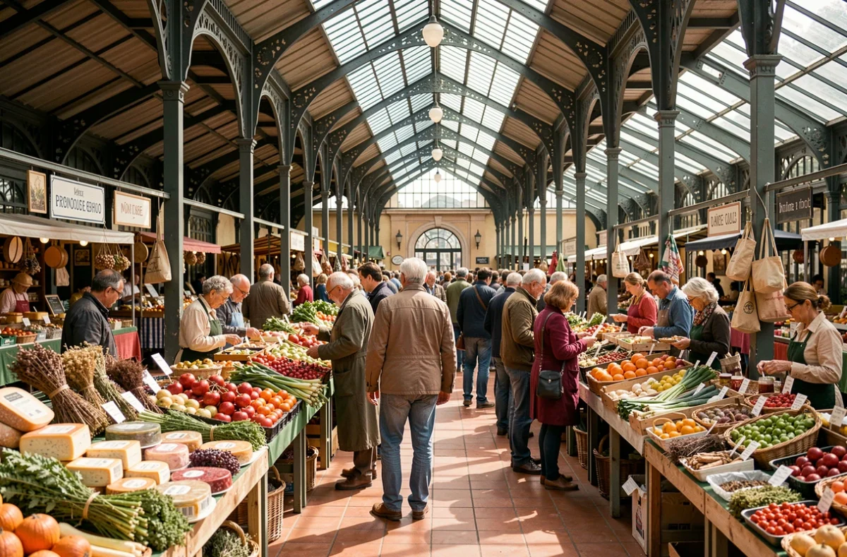 Marché couvert animé à Toulouse le week-end, avec étals de produits régionaux et foule de visiteurs découvrant les activités et sorties locales
