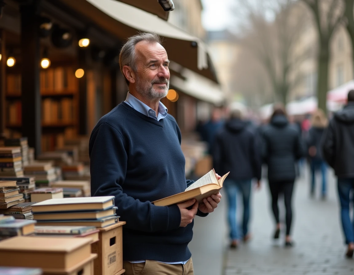 Homme parcourant un marché dominical de livres anciens sur les quais du Rhône à Lyon lors d'une balade en ville