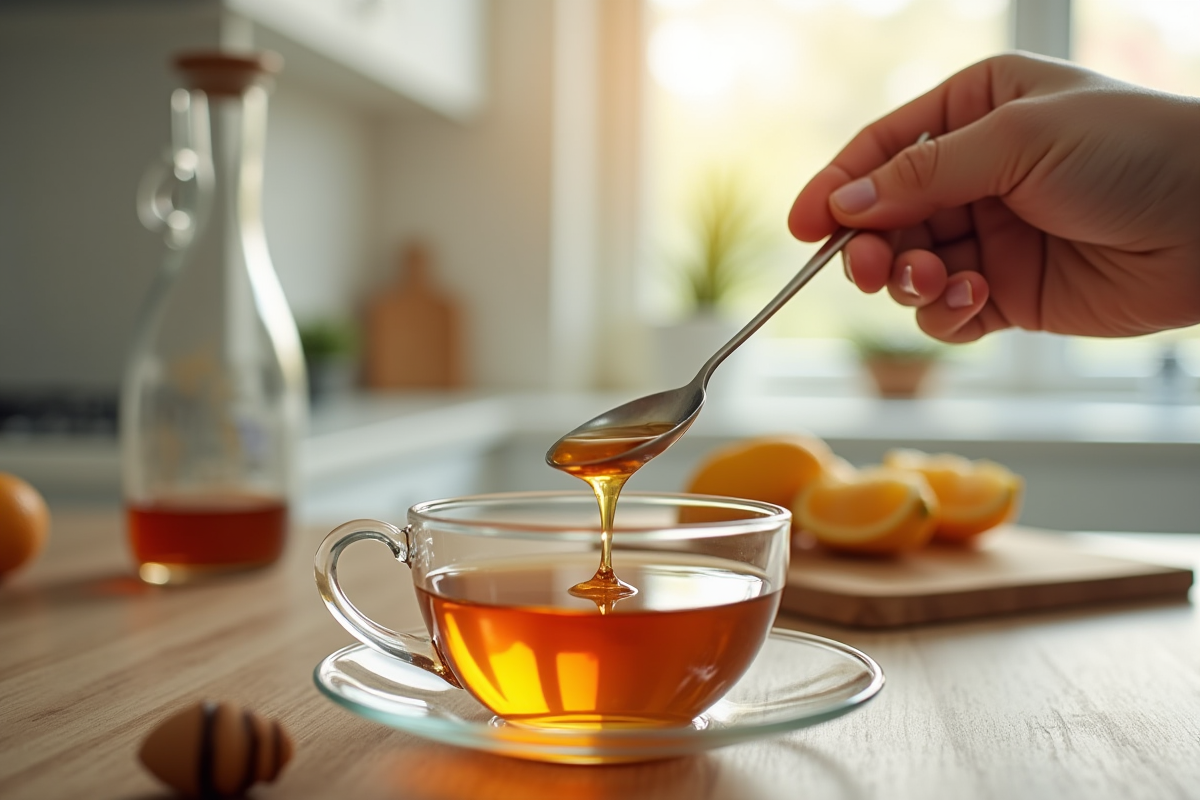 Main versant du miel doré dans une tasse dans une cuisine moderne lumineuse