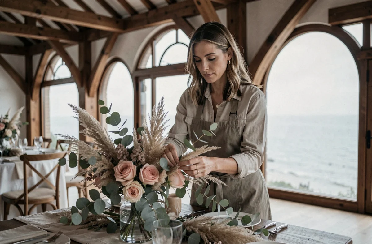 Décoratrice événementielle arrangeant un centre de table élaboré dans un espace de réception raffiné à Deauville