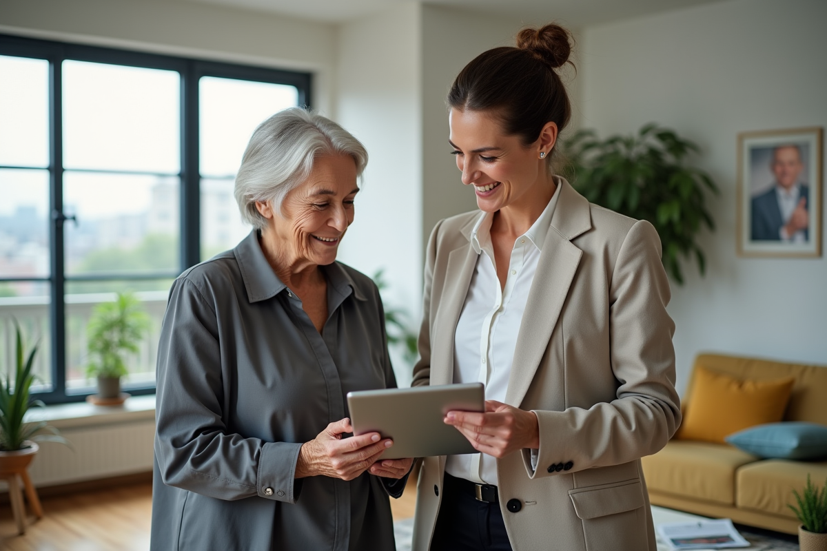 Notaire souriante avec une tablette en reviewant une estimation